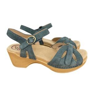 Dansko Season sandals womens 38 denim suede ankle strap heel hook and loop blue